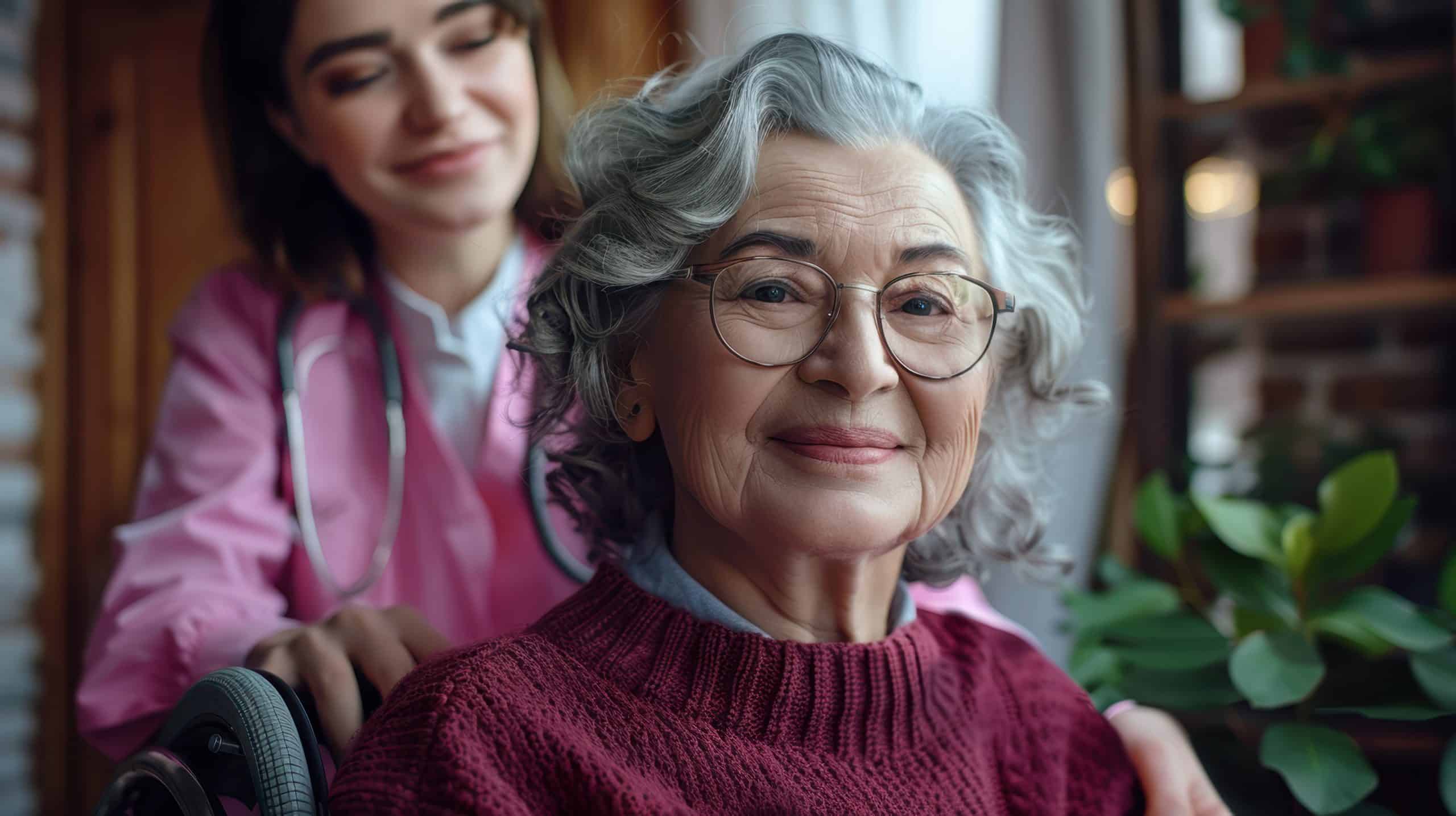Elderly woman in a wheelchair with a smiling caregiver in pink scrubs.