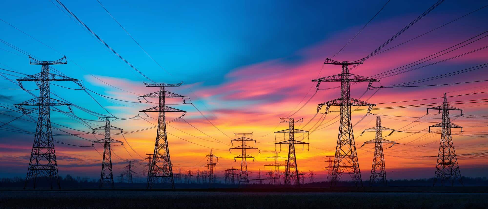 Tramonto dai colori intensi e tralicci dell'elettricità. Per Energy Solutions Aeonvis ha personalizzato Salesforce Sales, Service e Field Service Cloud, ottimizzando l’intero processo