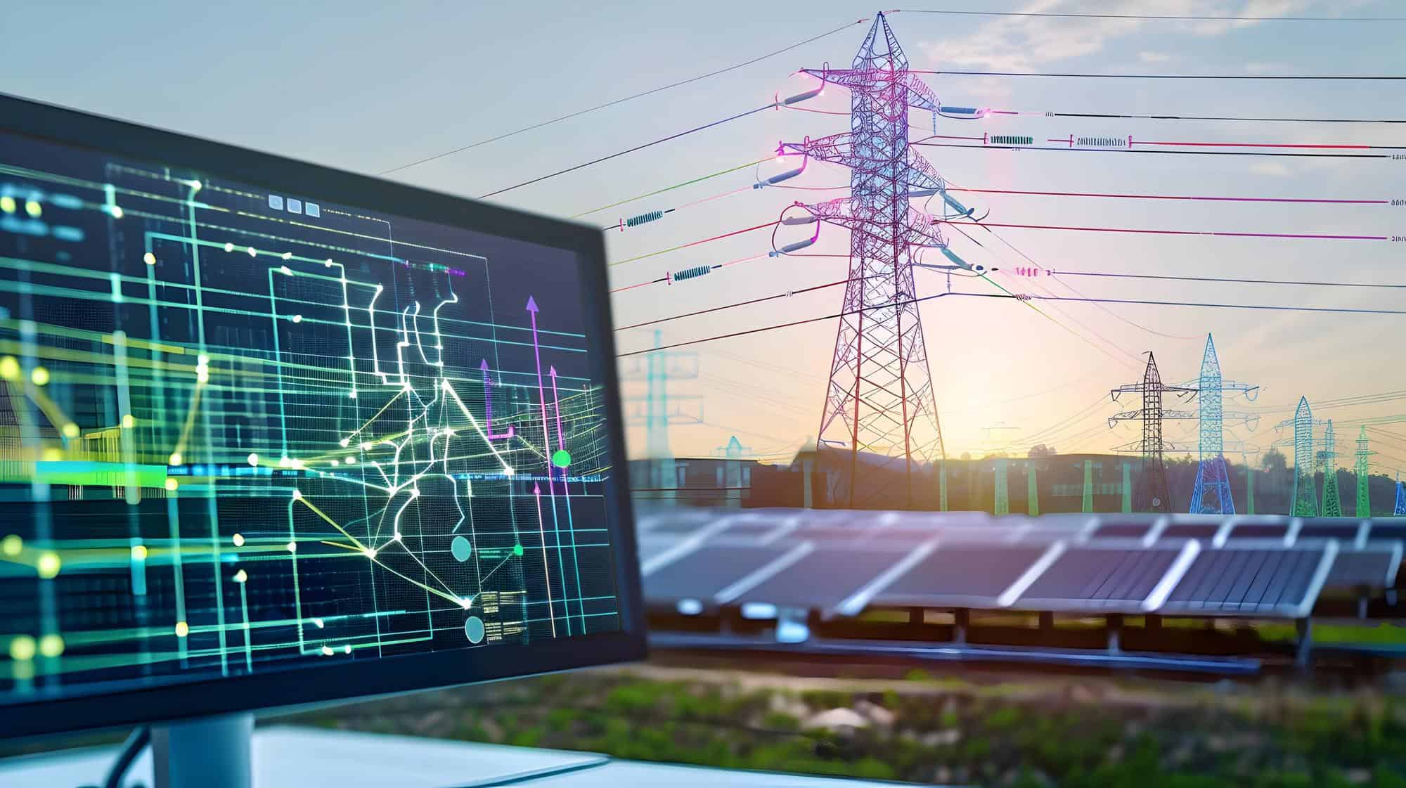 laptop con uno schema complesso e sullo sfondo una solar farm con tralicci di alta tensione.Aeonvis ha supportato M2G Group nell’ottimizzazione del ciclo di vendita dei contratti energetici e degli impianti green, implementando Salesforce Sales Cloud e Service Cloud.