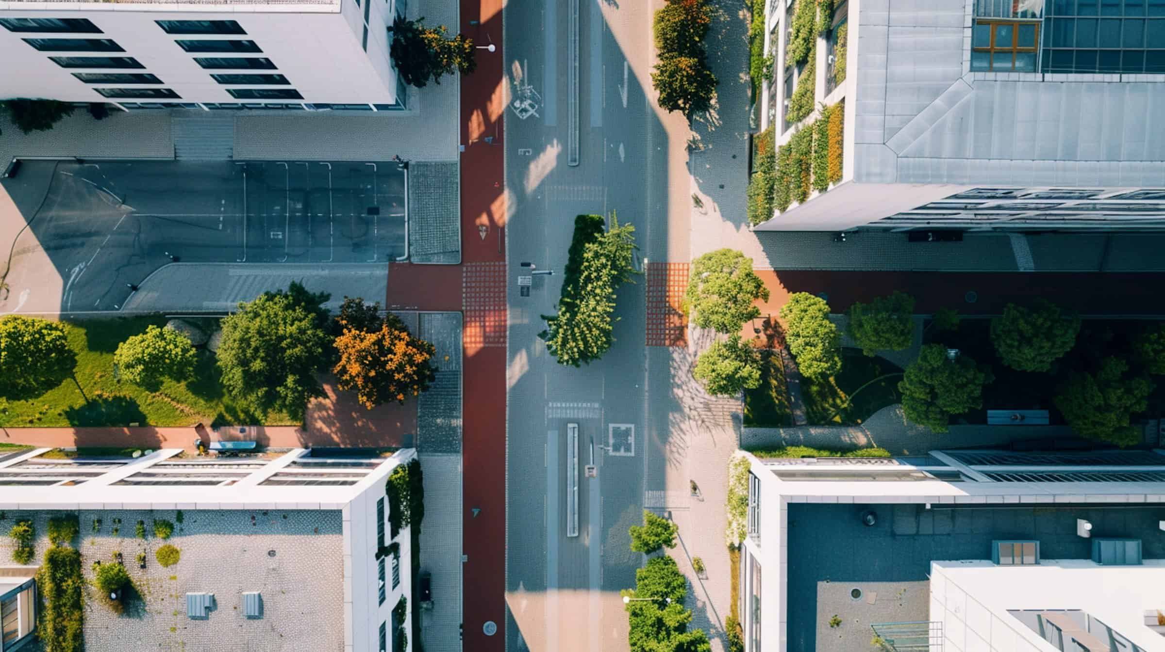 Vista aerea di un'area urbana moderna. Aeonvis ha implementato Salesforce Service Cloud e Service Cloud Voice per Ge.SI., ottimizzando la gestione delle richieste di intervento nei condomini di edilizia pubblica.