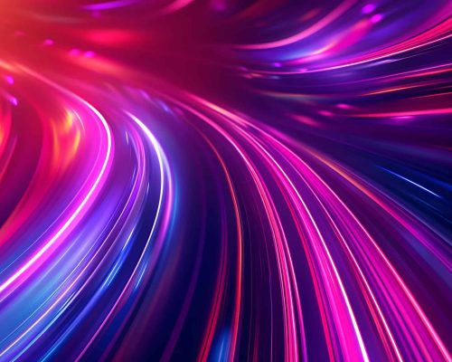 A vibrant abstract background with flowing lines of light in pink, blue, and purple hues. Uno sfondo astratto vibrante con linee fluide di luce nei toni del rosa, blu e viola.